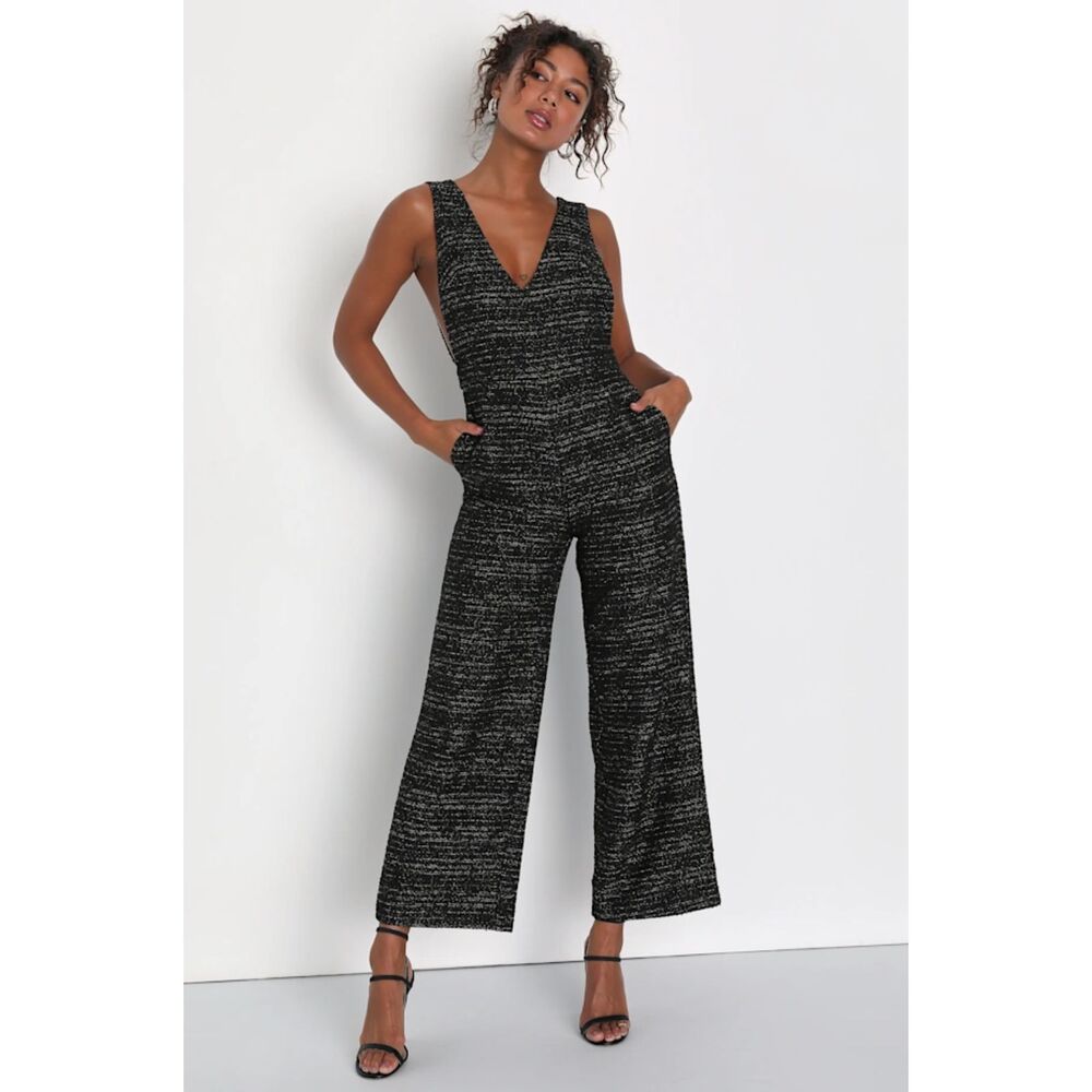Lulus Womens S Jump Suit Tweed Black NEW Holidays Christmas Party